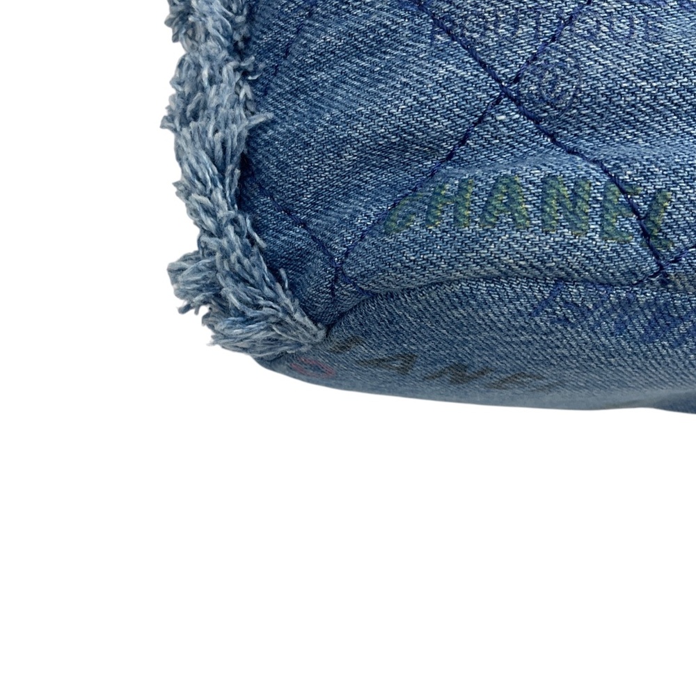 CHANEL 2022 BLUE MULTI QUILTED FRINGED LOGO PRINTED DENIM MOOD CHAIN MINI SHOULD - Picture 5 of 13